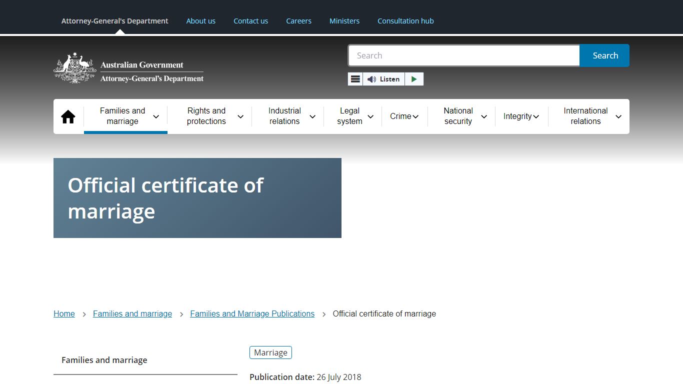 Official certificate of marriage | Attorney-General's Department